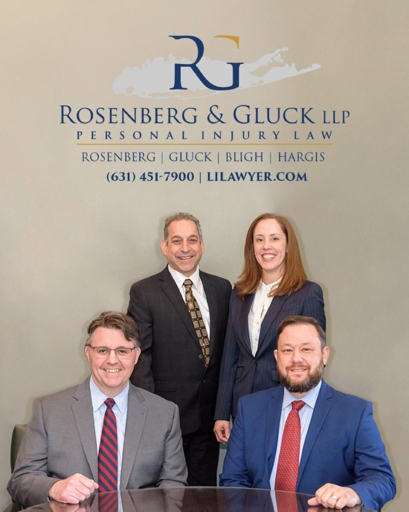 May be an image of 4 people and text that says "RG ROSENBERG & GLUCK LLP PERSONAL PERSONALINJURYLAW INJURY LAW ROSENBERG |GLUCK BLIGH |HARGIS (631) 451-7900 LILAWYER.COM E"